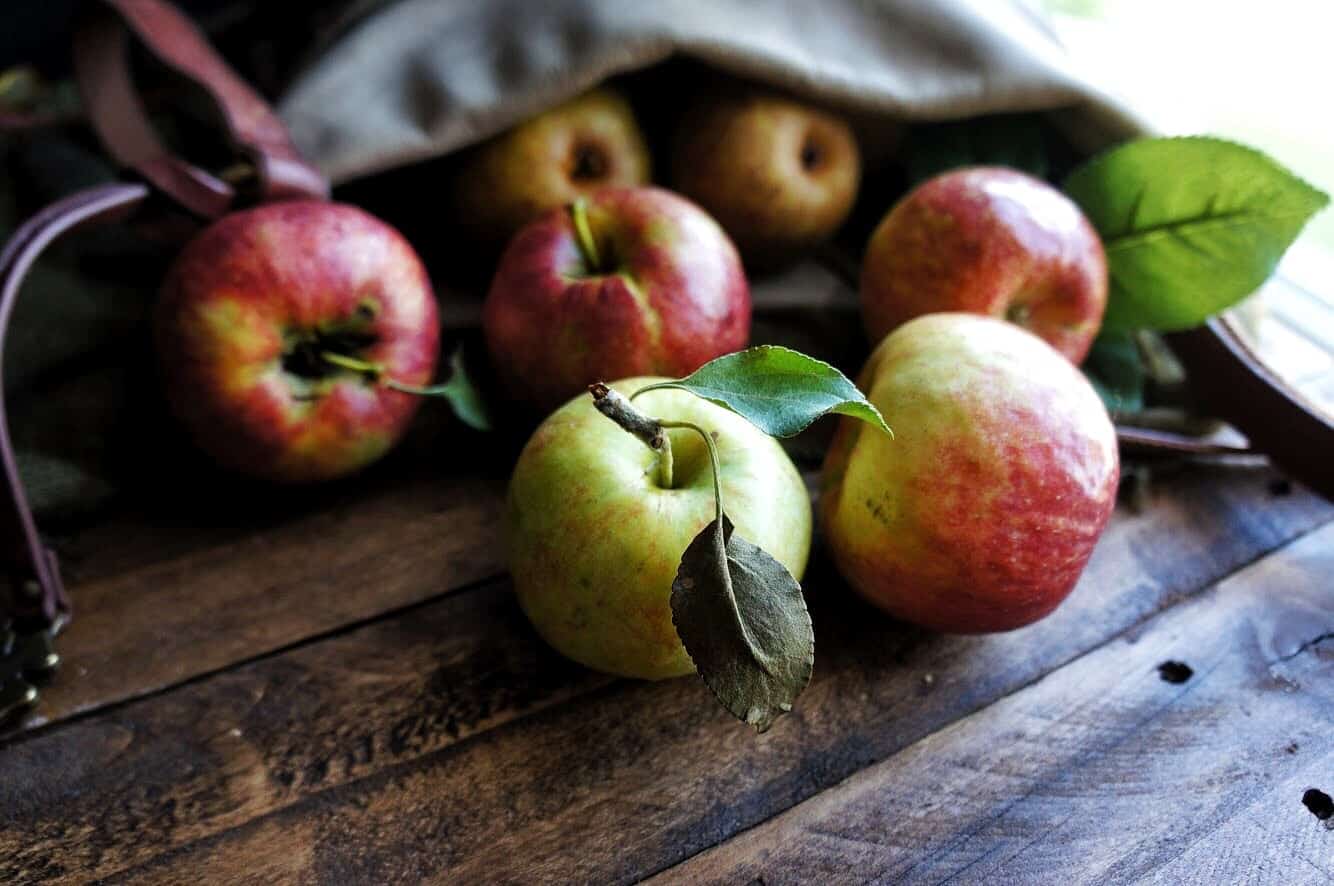Homemade apple butter orchard apples spilling out of a bag