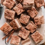 Snickerdoodle cheesecake bars sliced into squares