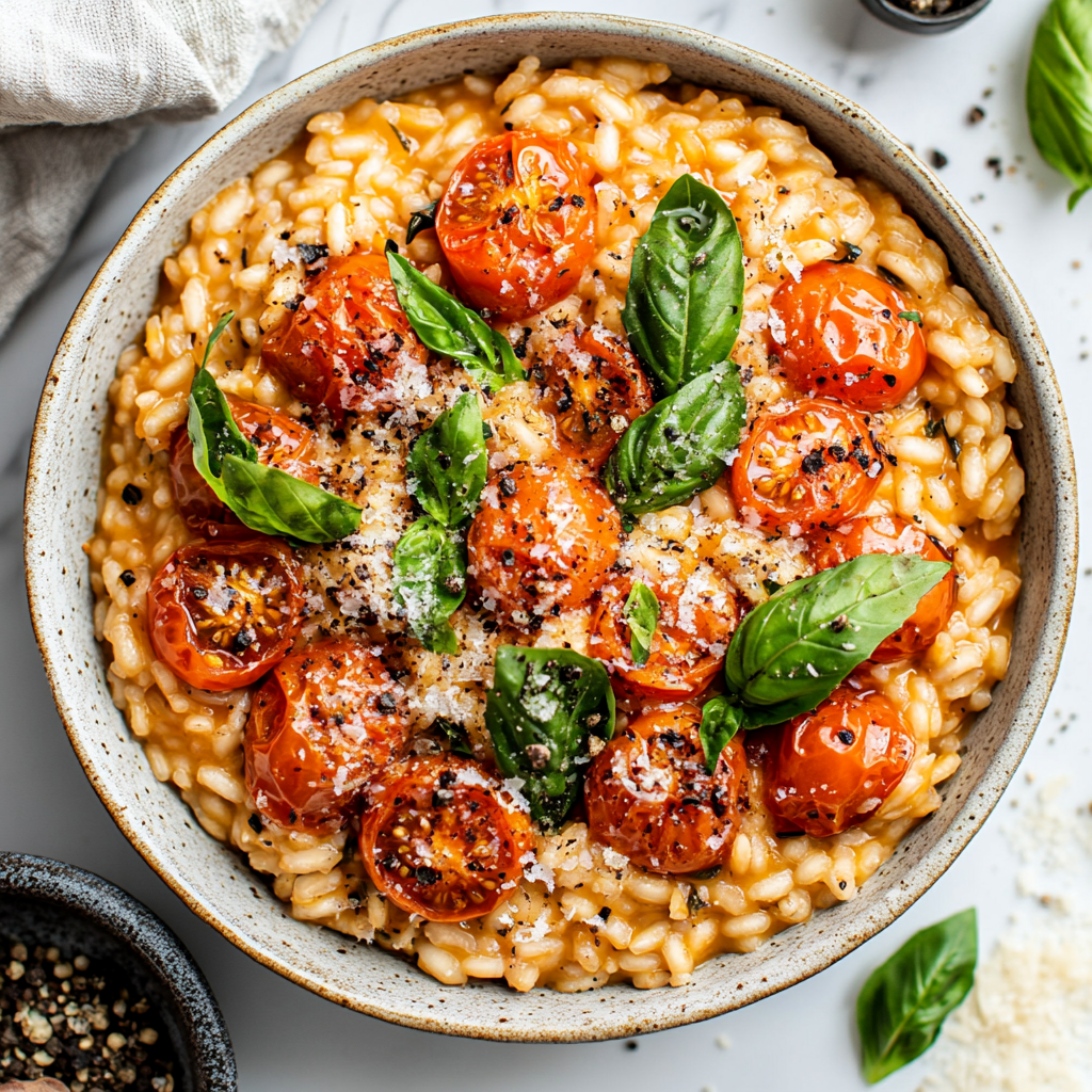 Instantpot red pepper risotto Instant pot cherry tomato risotto in a large serving bowl, topped with fresh basil leaves and freshly ground black pepper