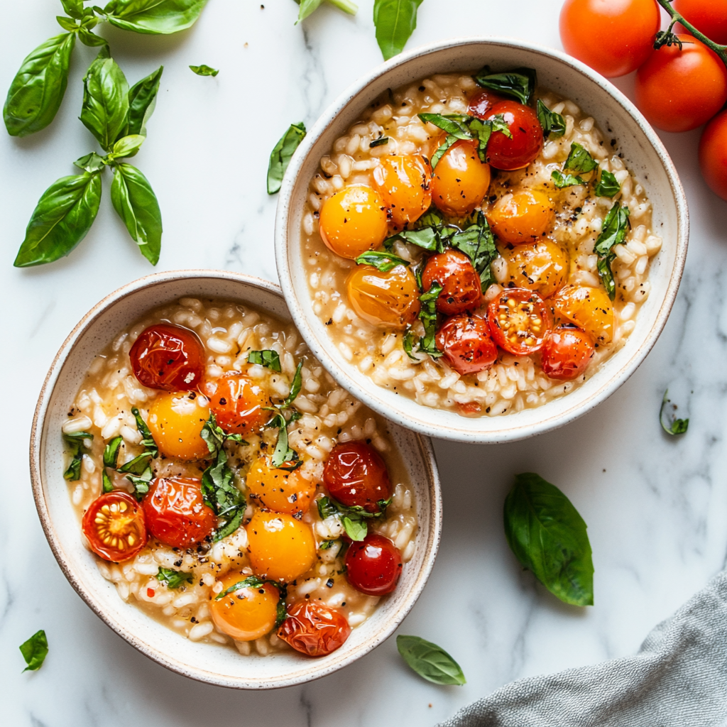 Instant pot cherry tomato risotto in two small bowls garnished with fresh basil on a white marble background