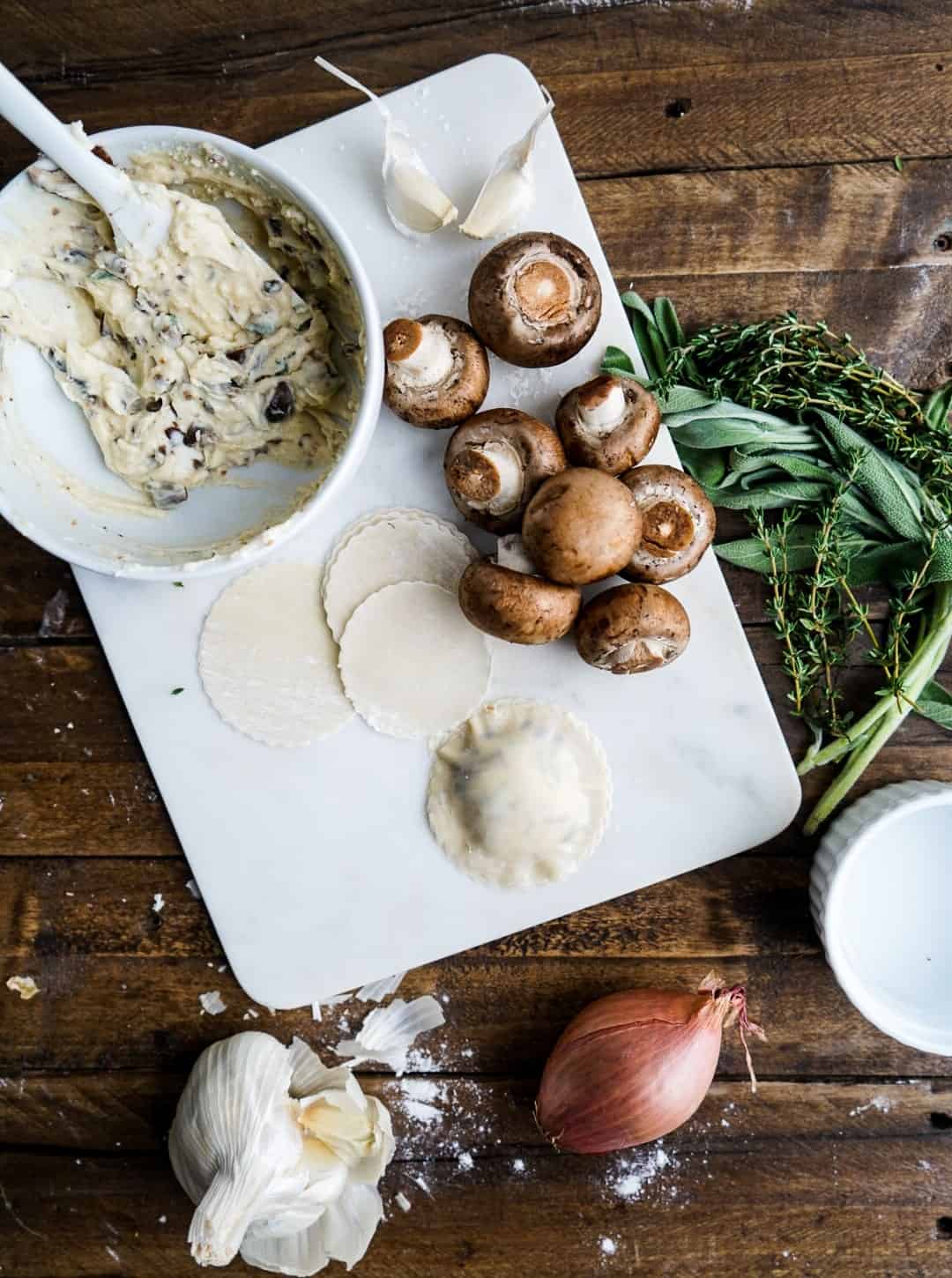 Mushroom Ravioli with Brown Butter Sauce prepping ingredients for Mushroom Raviolis