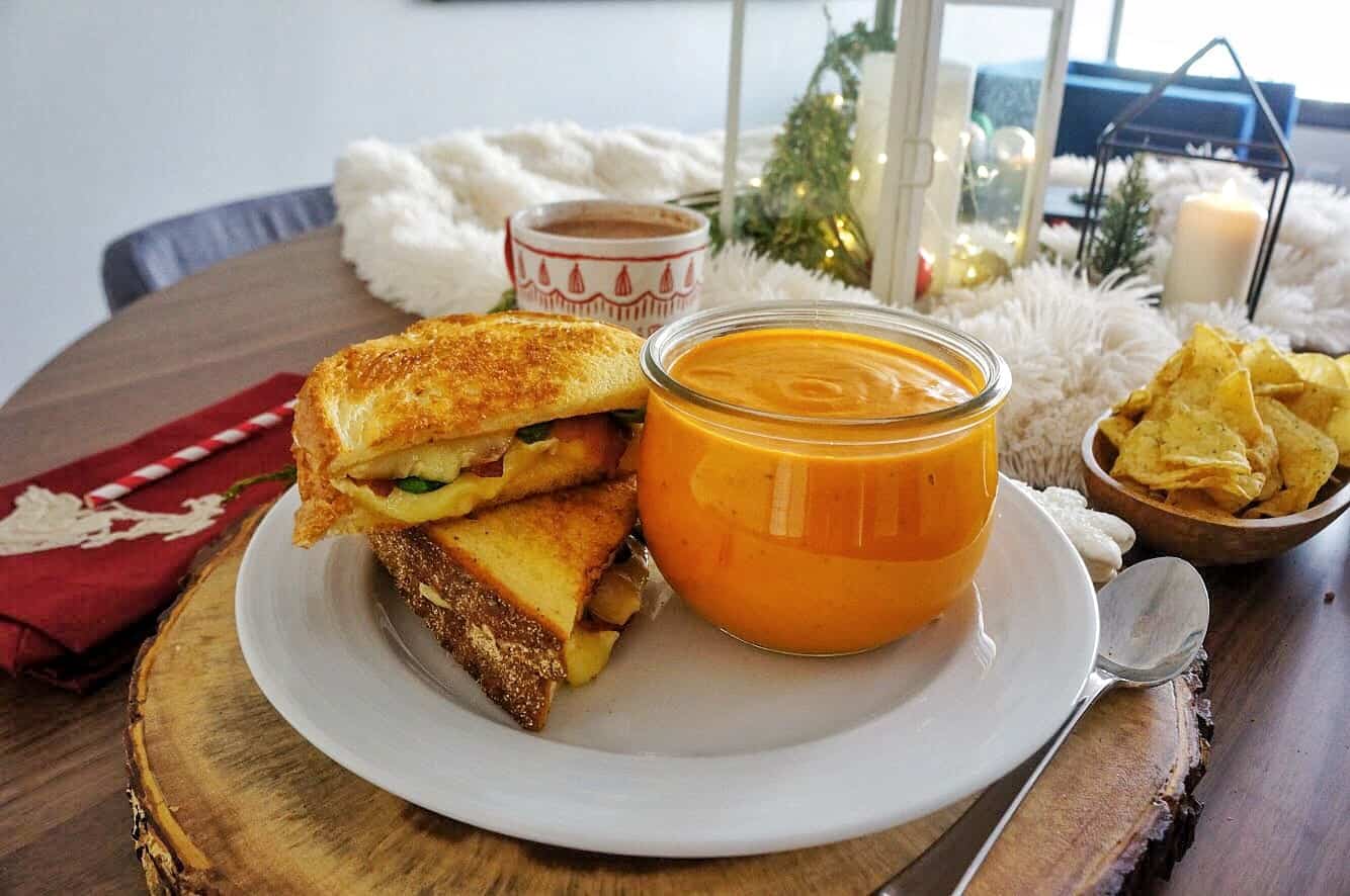 instantpot vegan tomato soup on plate with grilled cheese no garnish instantpot vegan tomato soup