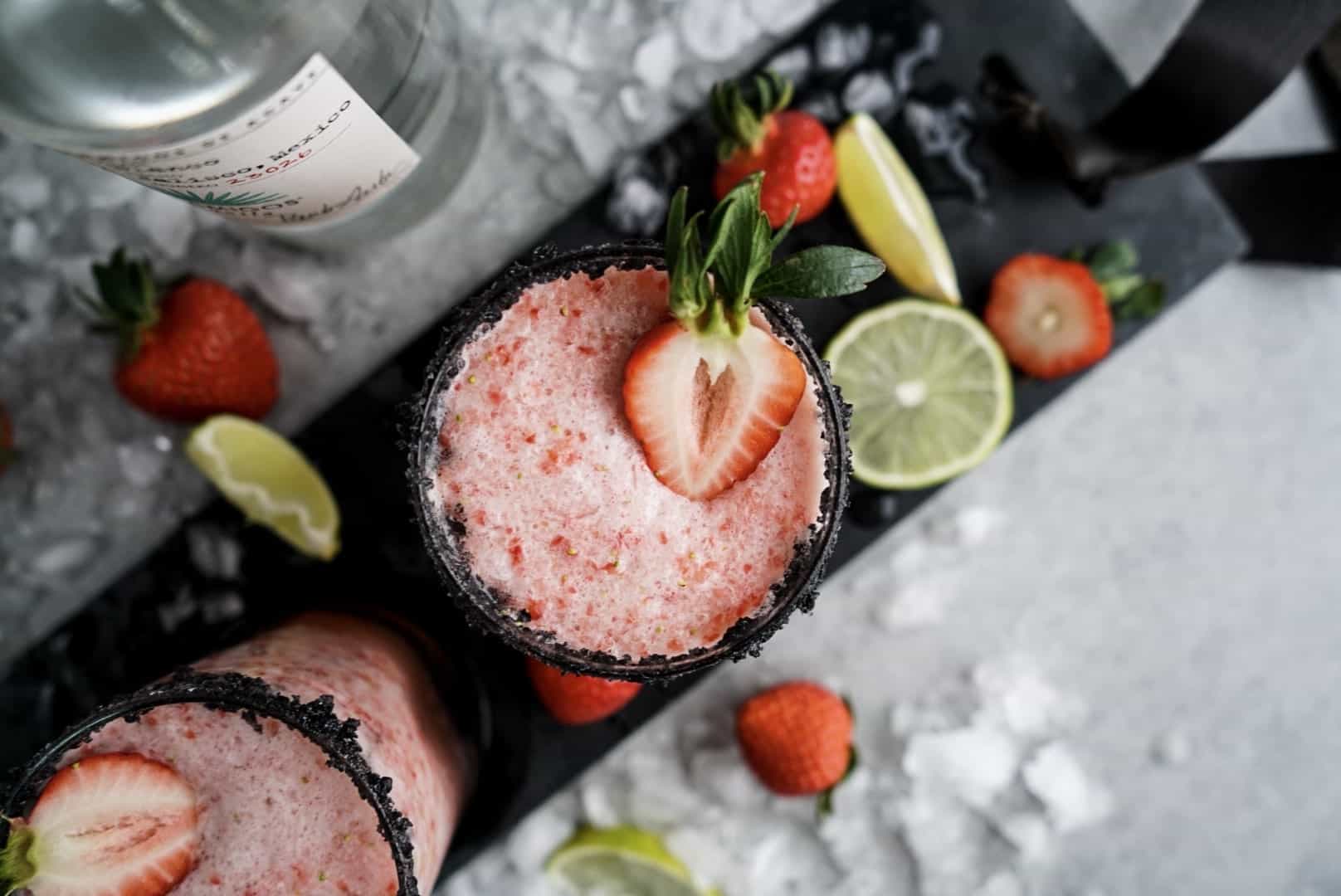 Strawberry Lime Margaritas Strawberry Lime Margaritas garnished with salt and fresh strawberries