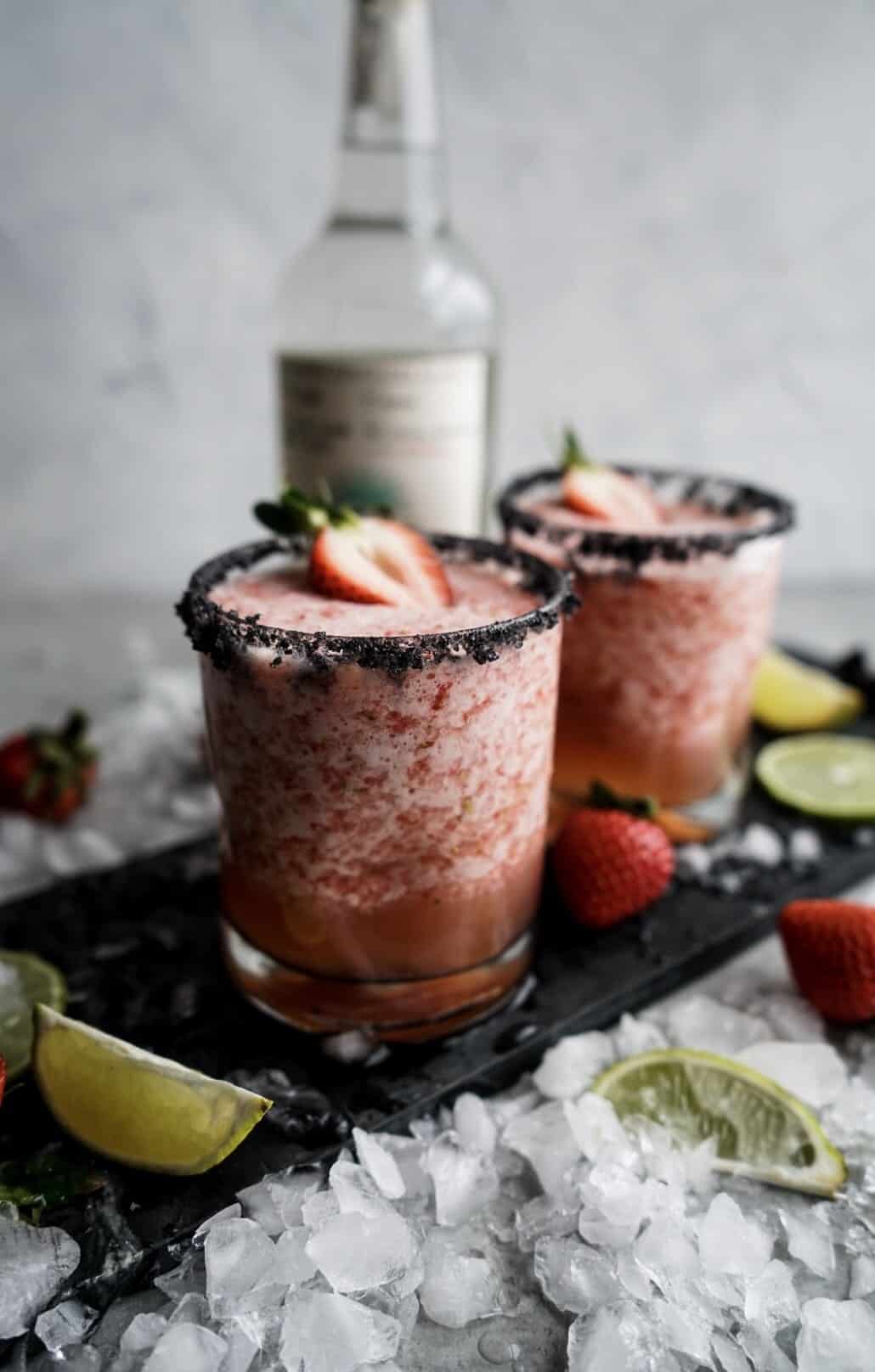 Strawberry Lime Margaritas Strawberry Lime Margaritas garnished with salt and fresh strawberries