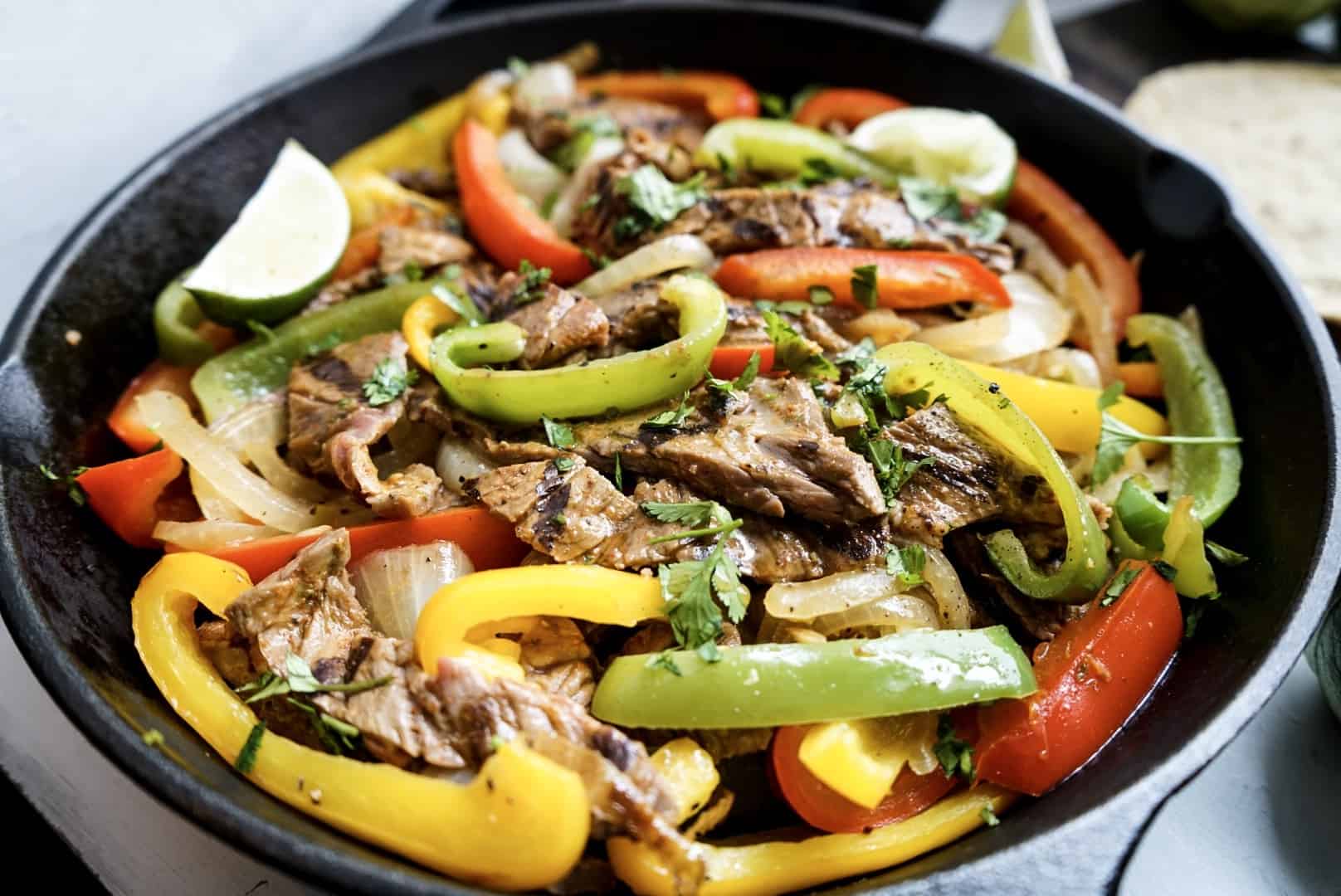 steak fajitas steak fajitas in cast iron skillet