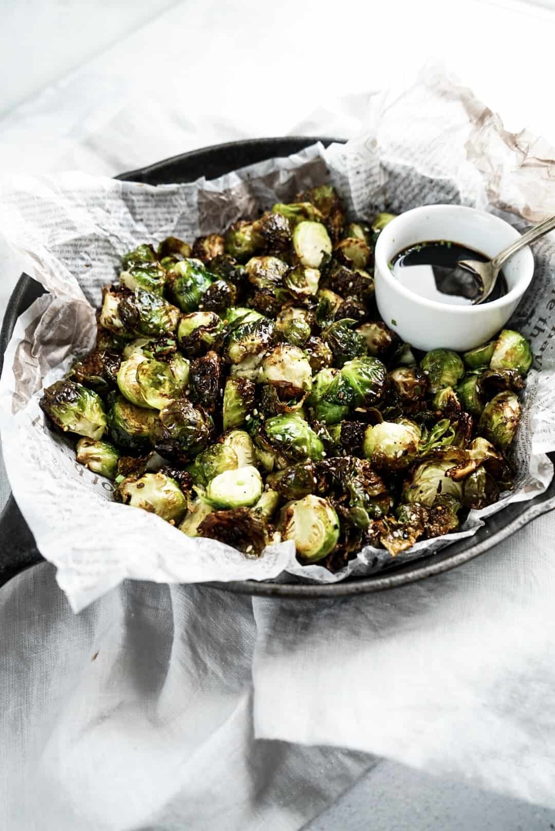 Crispy Air Fryer Asian Brussels Sprouts Crispy Air Fryer Asian Brussels Sprouts in pan