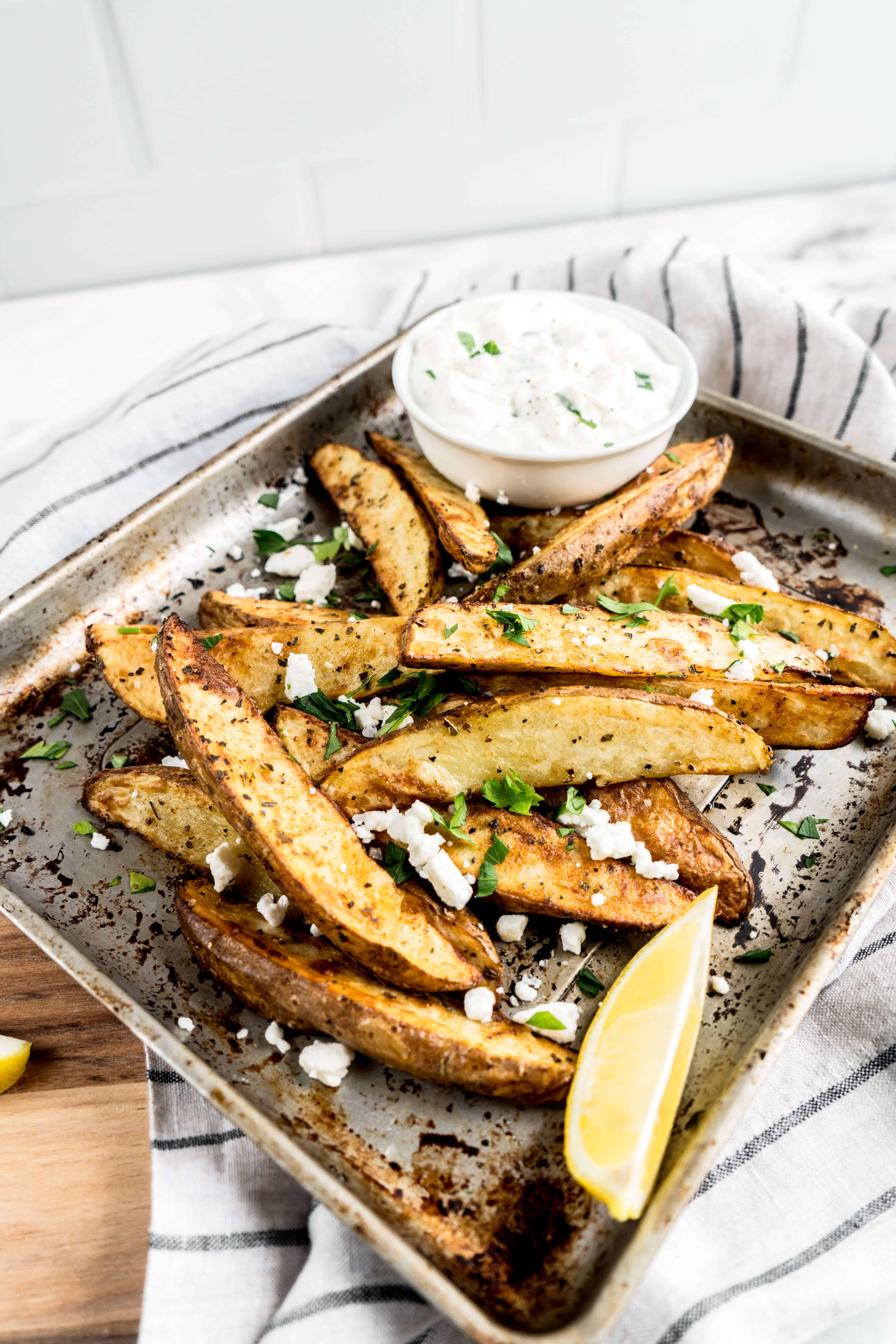 air fryer greek french fries air fryer greek french fries on serving platter with dipping sauce
