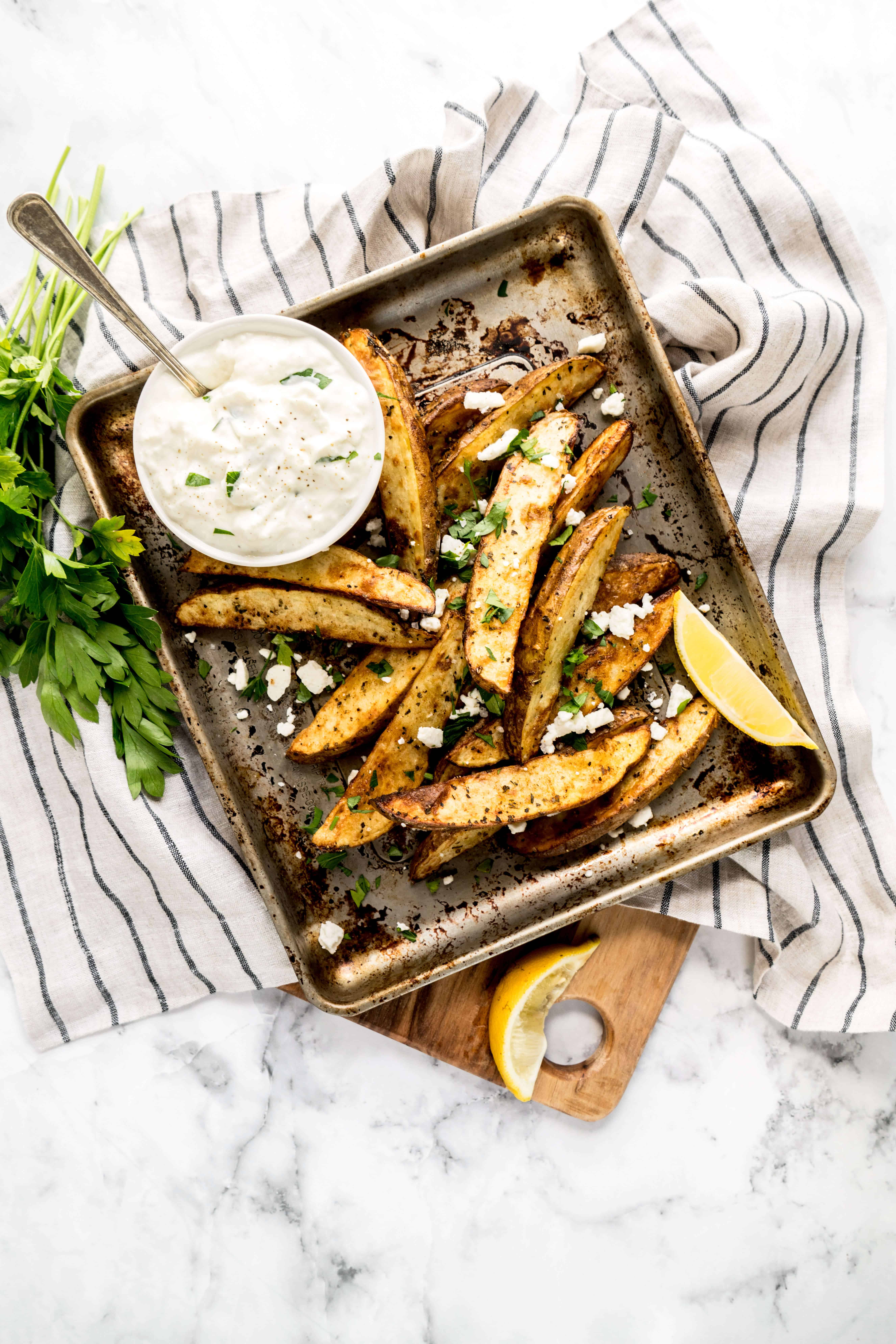 air fryer greek french fries air fryer greek french fries on serving platter