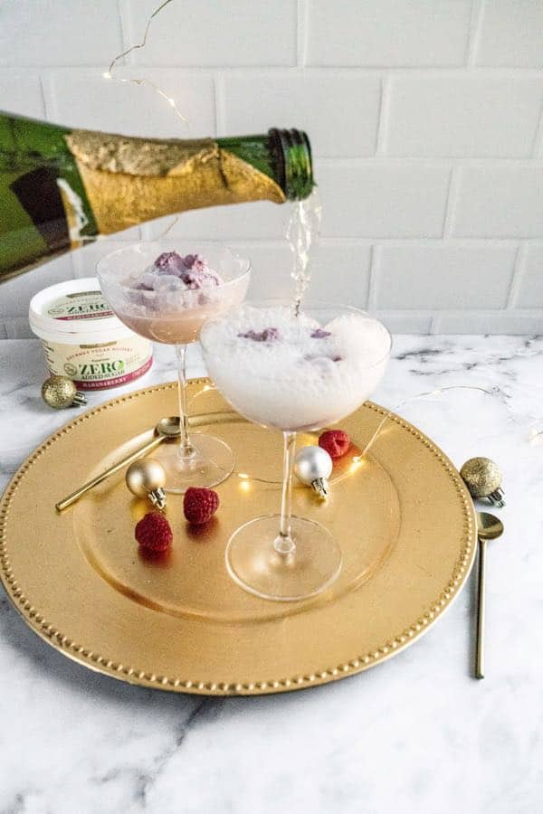 champagne floats pouring champagne in glass with ice cream