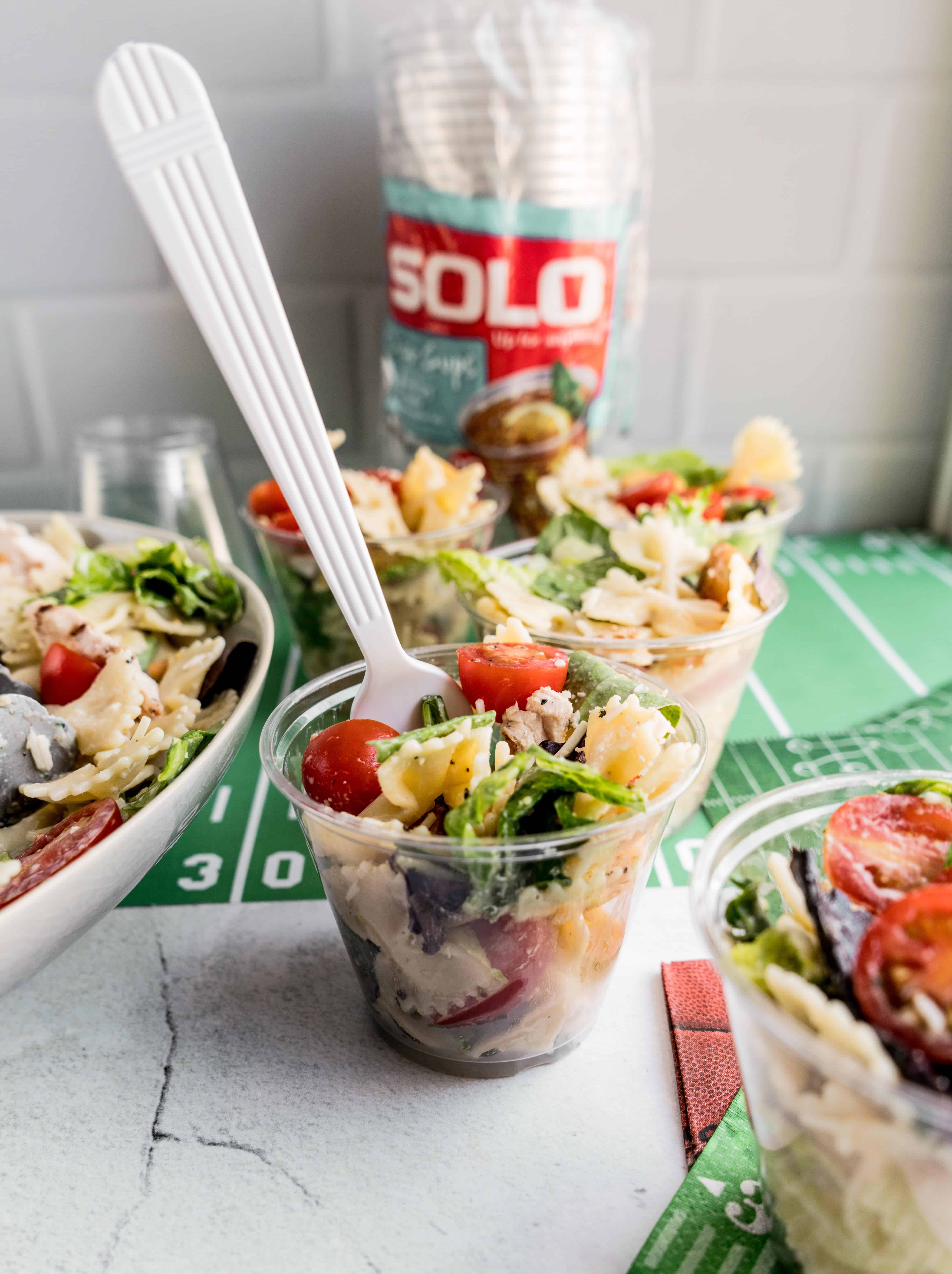 Chicken Caesar Pasta salad Chicken Caesar Pasta salad in individual solo cups