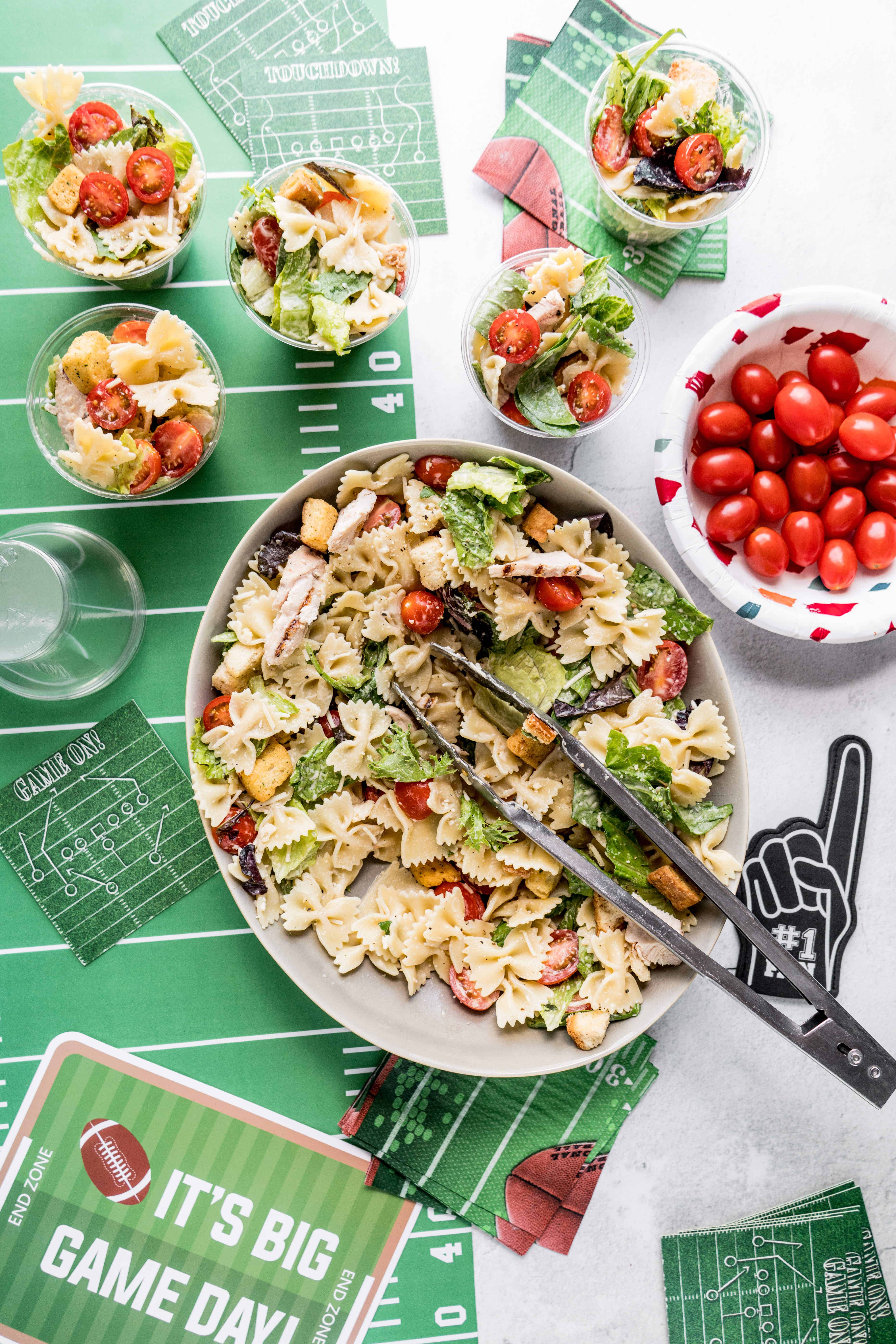 Chicken Caesar Pasta salad Chicken Caesar Pasta salad portioned in cups
