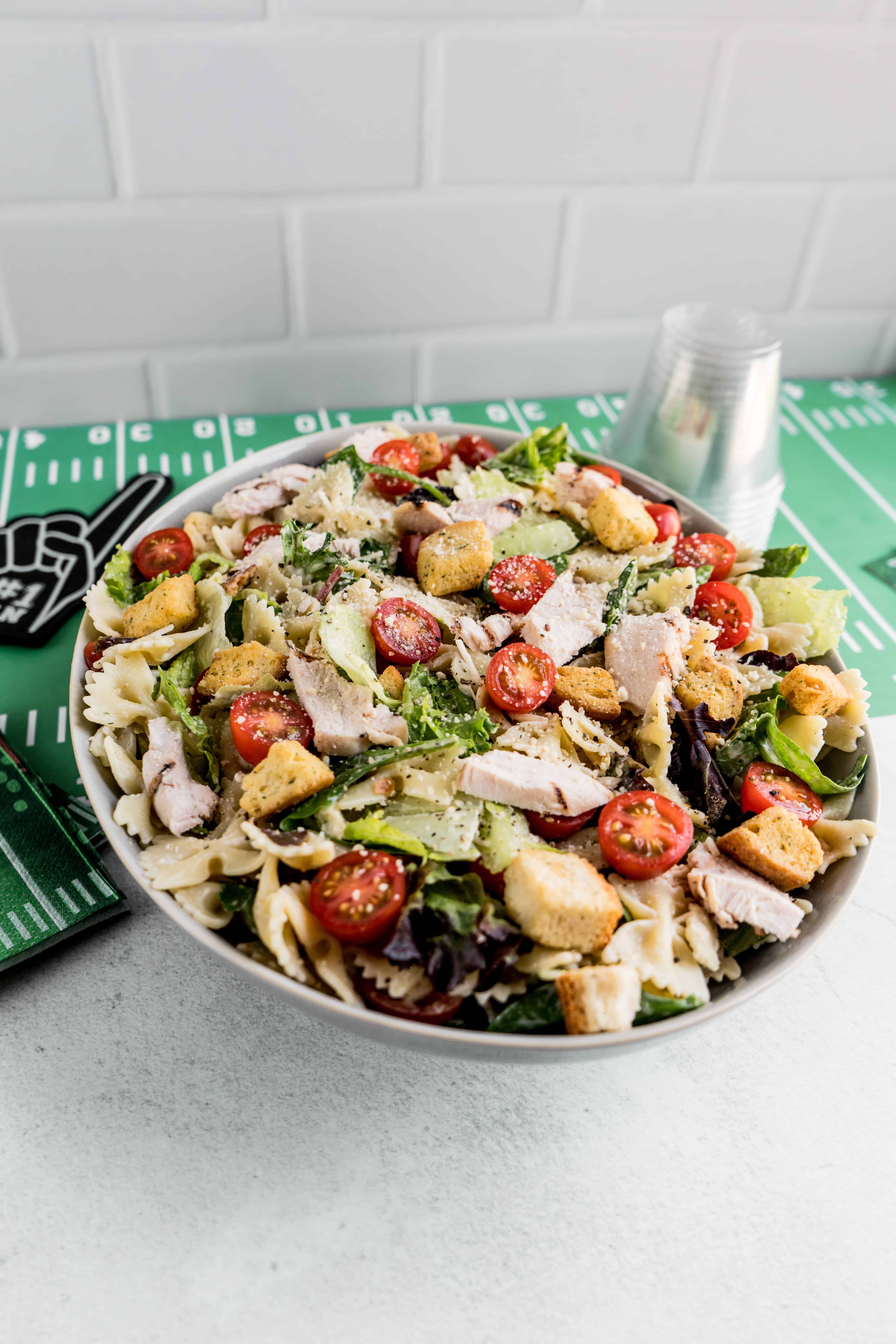 Chicken Caesar Pasta salad Chicken Caesar Pasta salad in serving bowl