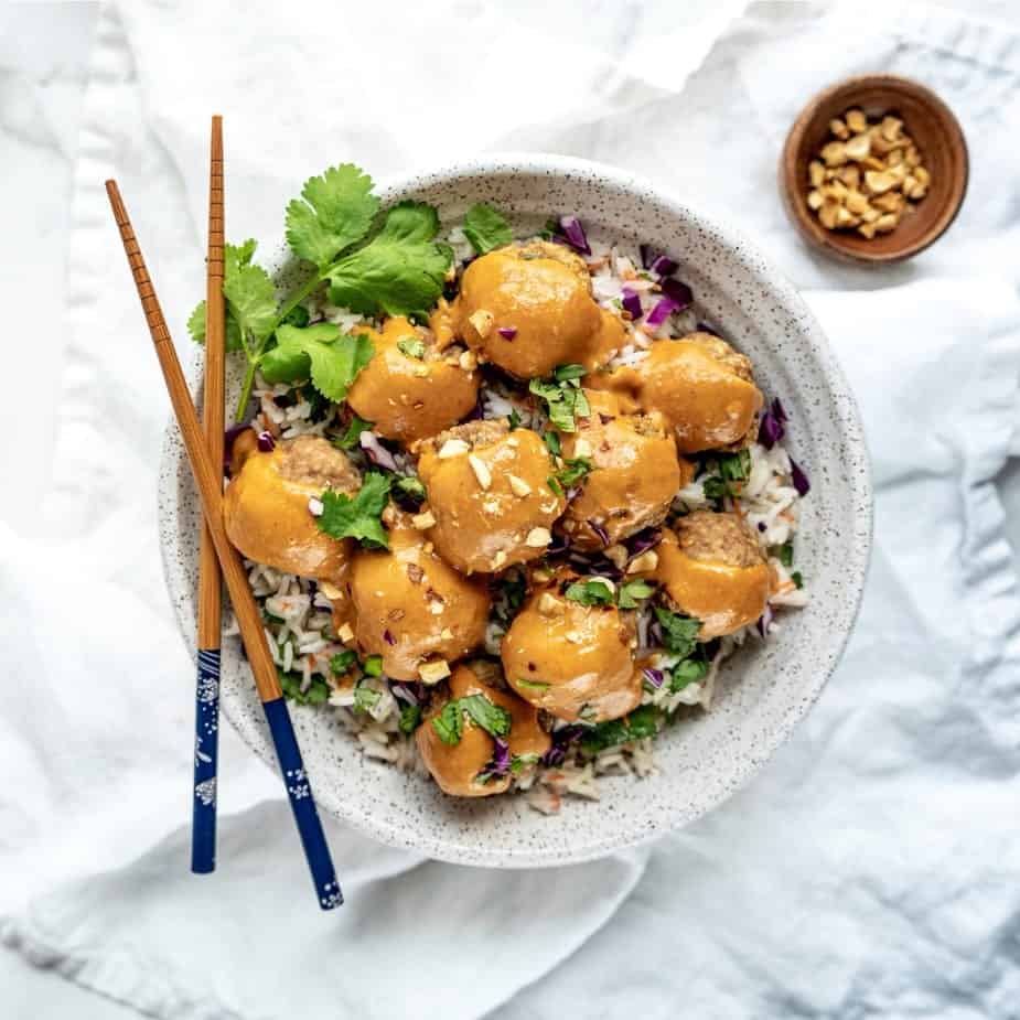 asian turkey meatballs with peanut sauce cooked asian turkey meatballs with peanut sauce and chopsticks