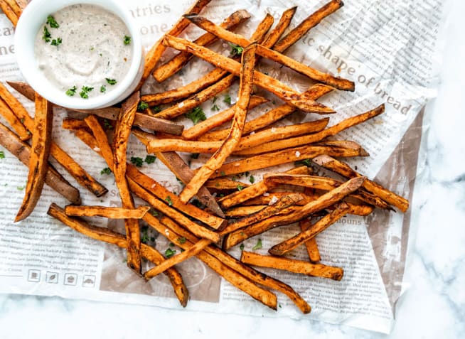 sweet potato fries on parchment paper