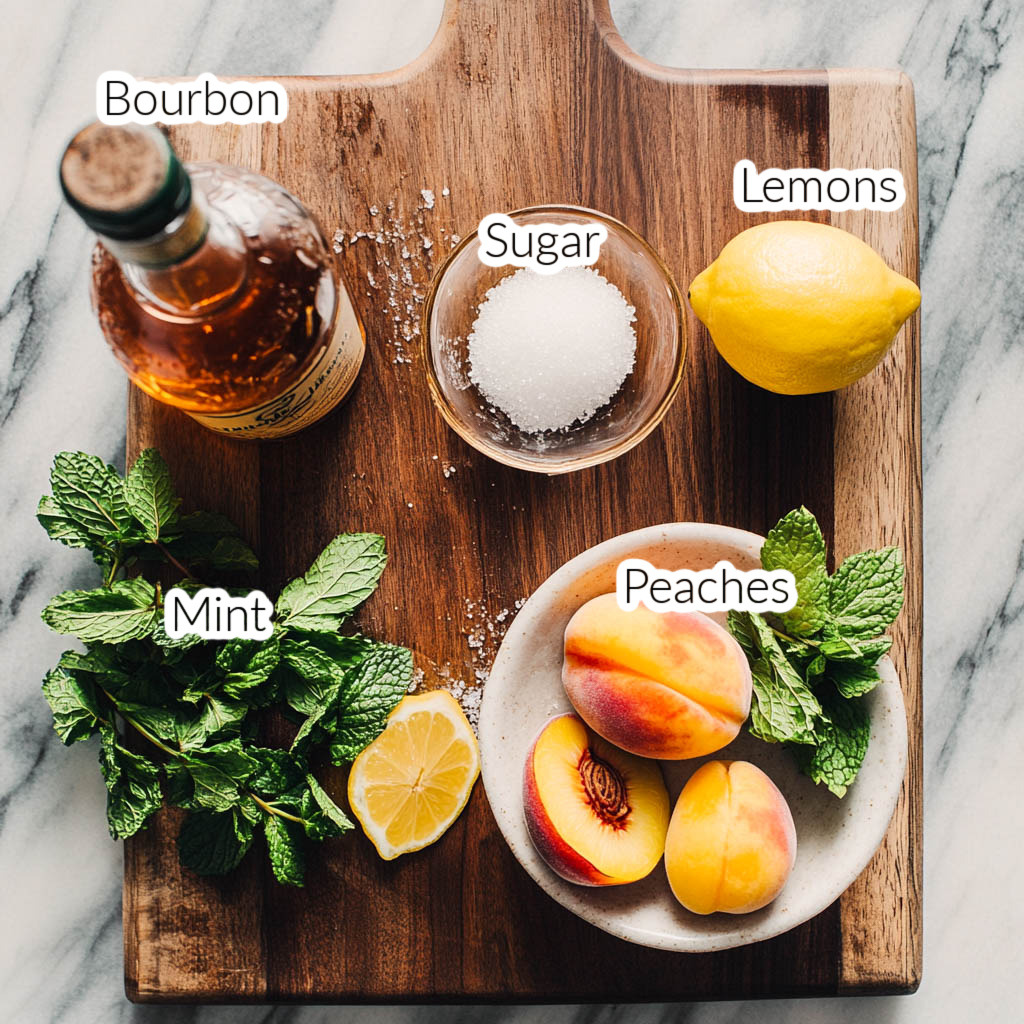Flat lay of ingredients for peach slush, including fresh peaches, mint, lemons, sugar, and a bottle of bourbon on a wooden cutting board.