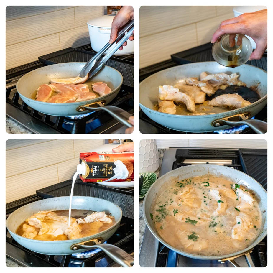 Step-by-step cooking process for one pan coconut lime chicken, showing chicken searing in a skillet, sauce ingredients being added, coconut milk poured in, and the chicken simmering in a creamy coconut lime sauce on the stovetop.