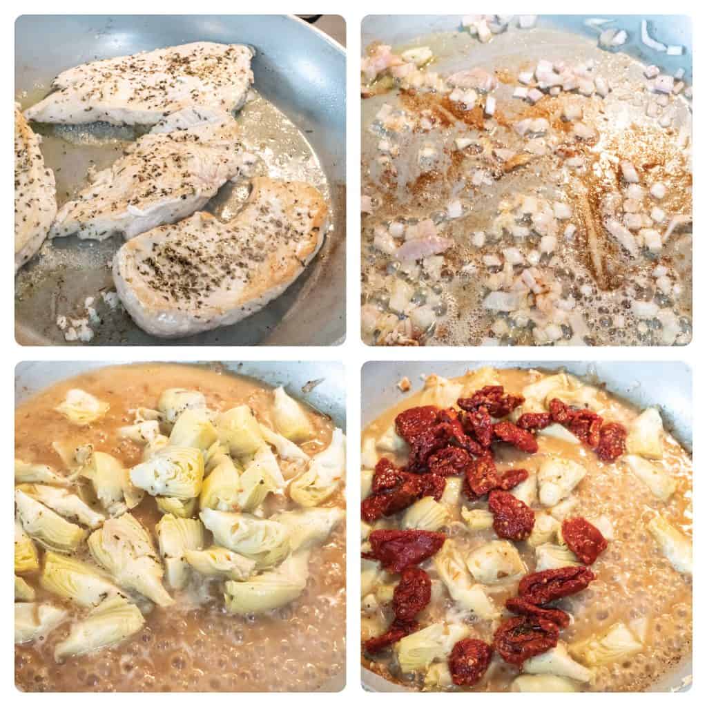 step by step process of making creamy Tuscan style chicken