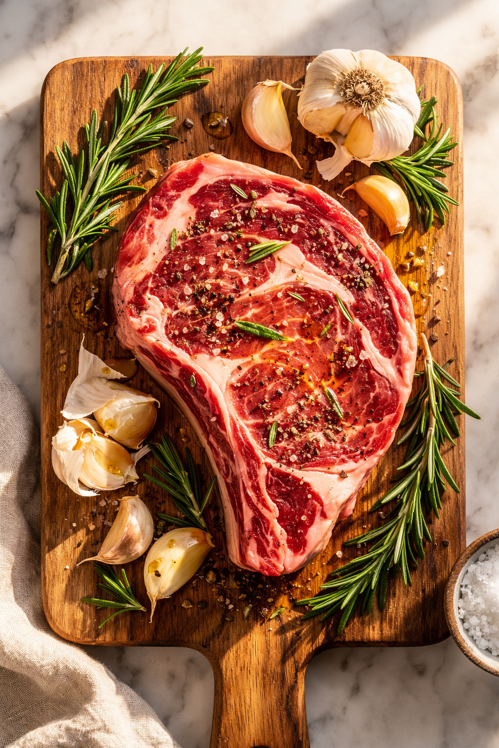 Overhead view of a raw ribeye prepared for sous vide steak, seasoned with coarse salt and cracked pepper, surrounded by fresh rosemary sprigs and garlic cloves on a wooden cutting board over a white marble countertop.