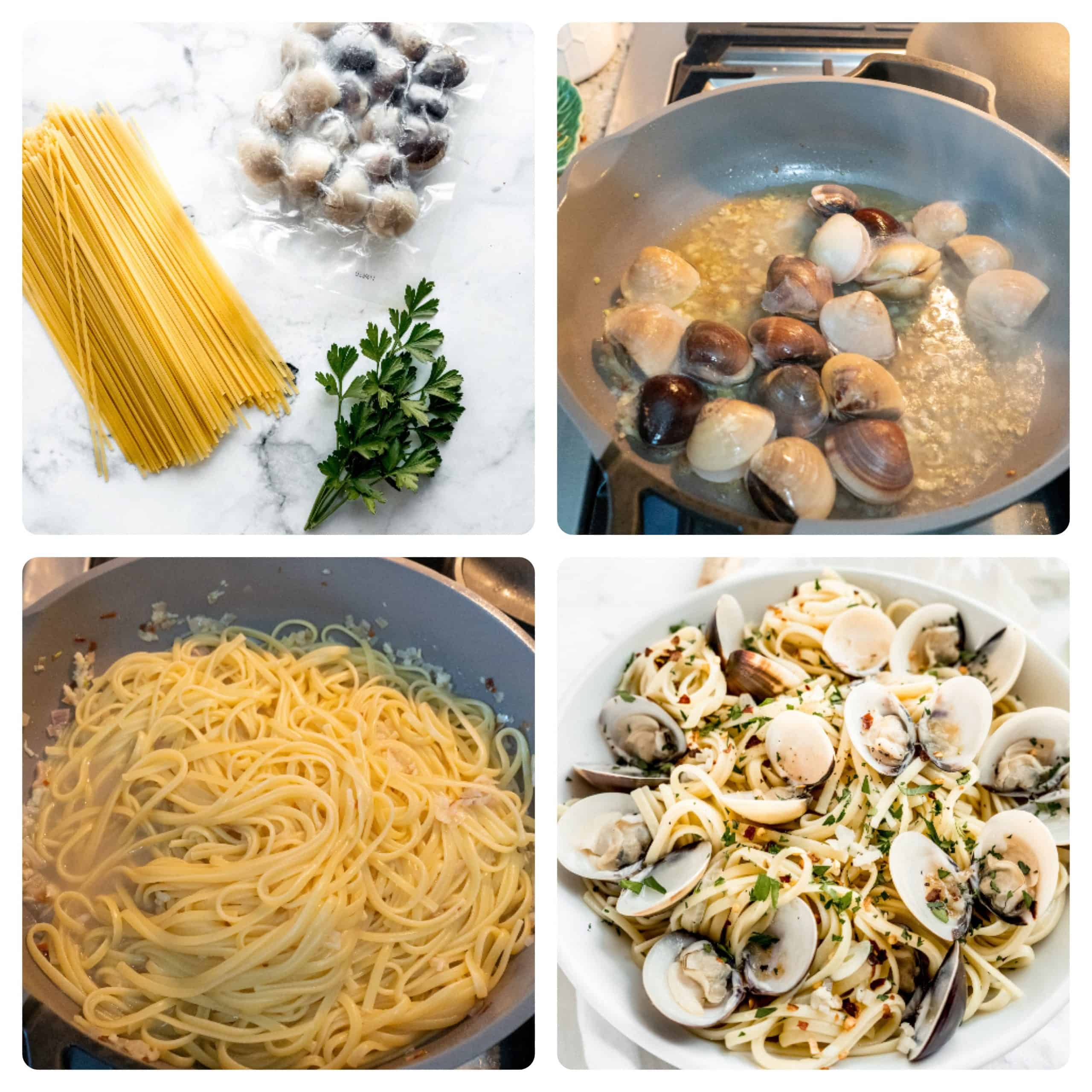 Linguine with clams in white wine sauce shown step by step, from raw linguine, fresh clams, and parsley to clams simmering in white wine, pasta tossed in the sauce, and the finished bowl of linguine with clams garnished with herbs and red pepper flakes.