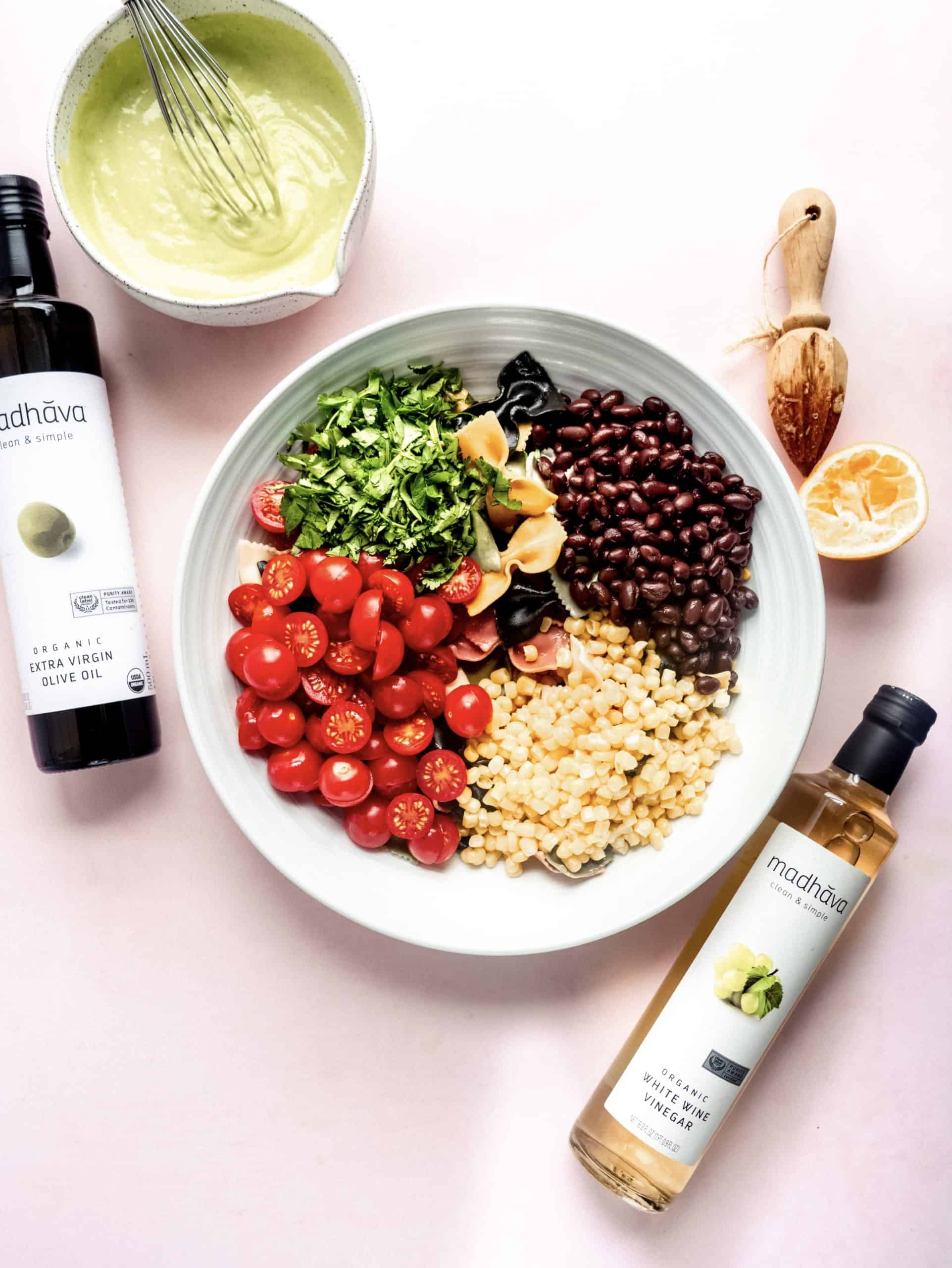 pasta salad ingredients in large bowl