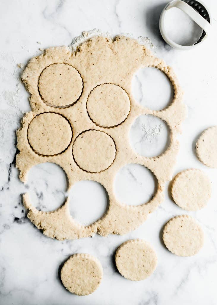 lavender blackberry shortcakes dough rolled on surface with rounds cut out