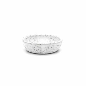 Front-facing view of a white speckled pinch bowl on a white background