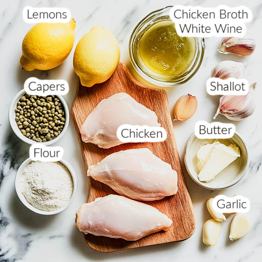 ingredients for healthy chicken piccata in bowls on a white marble background