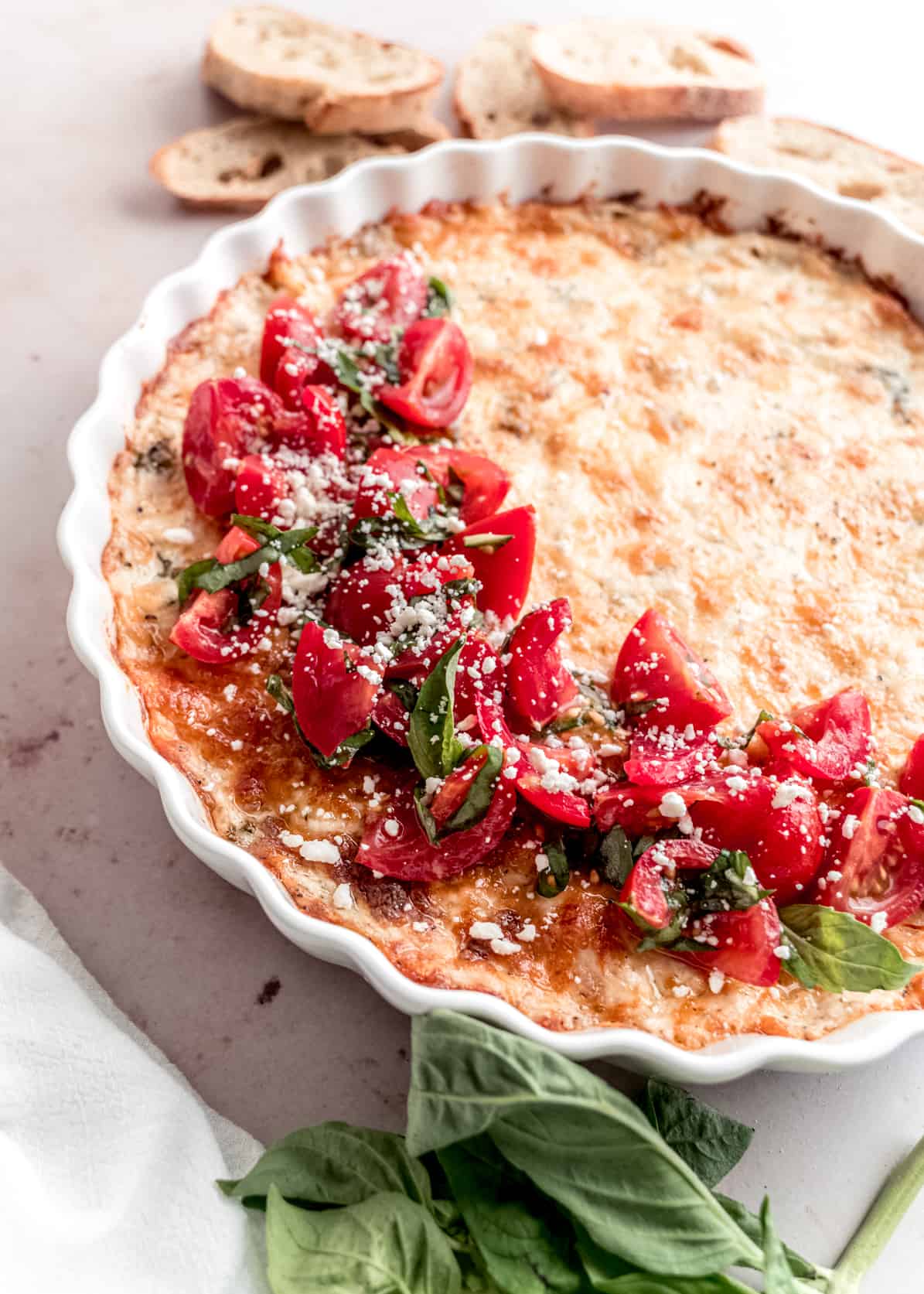 chicken alfredo dip topped with bruschetta tomatoes and basil