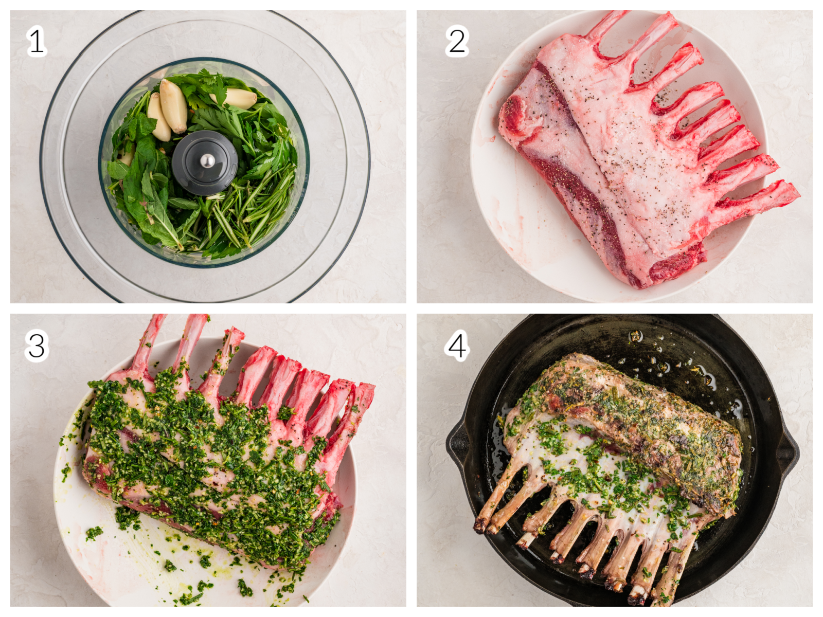Alt text: Step-by-step collage showing the process of making herb crusted rack of lamb recipe. Image 1: fresh parsley, rosemary, mint leaves, and garlic cloves in a food processor bowl. Image 2: raw rack of lamb seasoned with salt and pepper on a white plate. Image 3: lamb coated with a vibrant green herb mixture. Image 4: roasted herb crusted rack of lamb in a cast iron skillet.