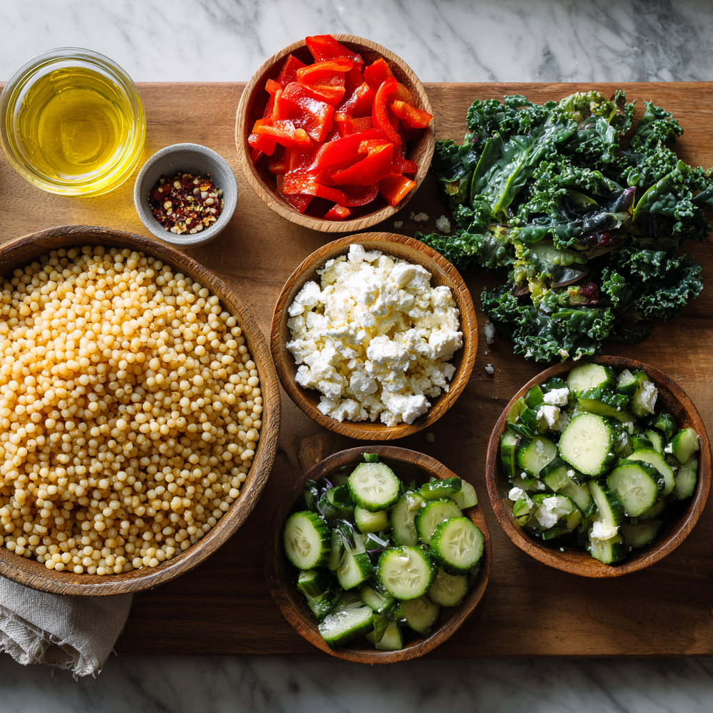 Overhead view of fresh ingredients for couscous kale salad displayed on a wooden board, including a large bowl of pearl couscous, chopped kale, diced cucumbers, crumbled feta cheese, roasted red peppers, olive oil, and red pepper flakes, all arranged in small wooden bowls and ready for assembly.
