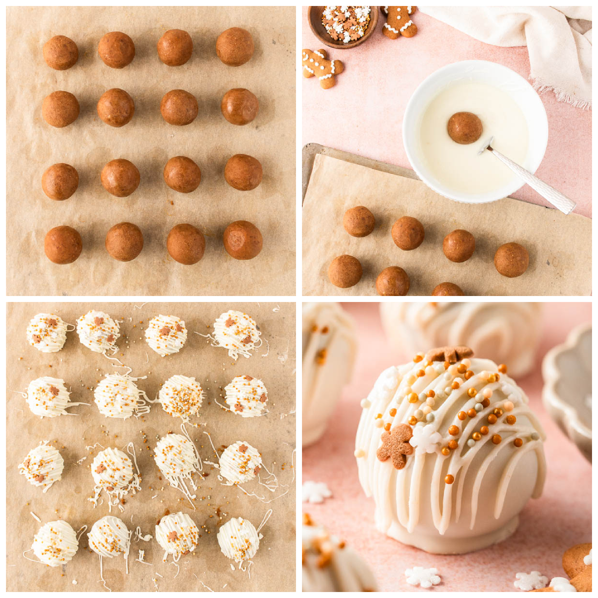 Four-step collage showing how to make **gingerbread truffles**: rolled gingerbread balls on parchment paper, dipping a truffle into melted white chocolate, coated truffles drizzled with more white chocolate and festive sprinkles, and a close-up of the finished truffle decorated with gold sprinkles and tiny gingerbread men.